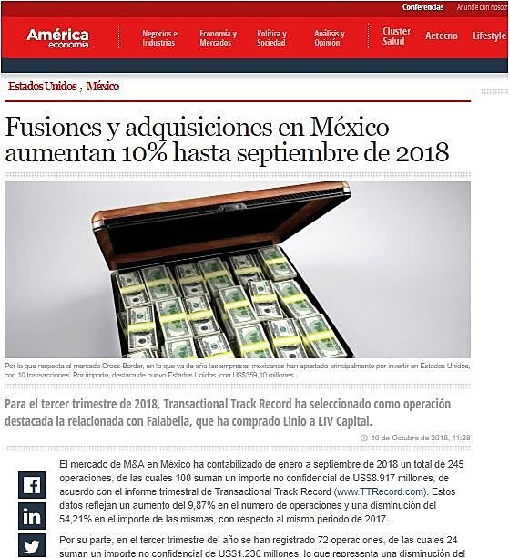 Fusiones y adquisiciones en Mxico aumentan 10% hasta septiembre de 2018